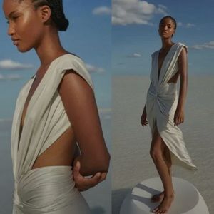 Baobab Mia Plunge V-Neck Gathered Midi Sheath Dress in Ivory